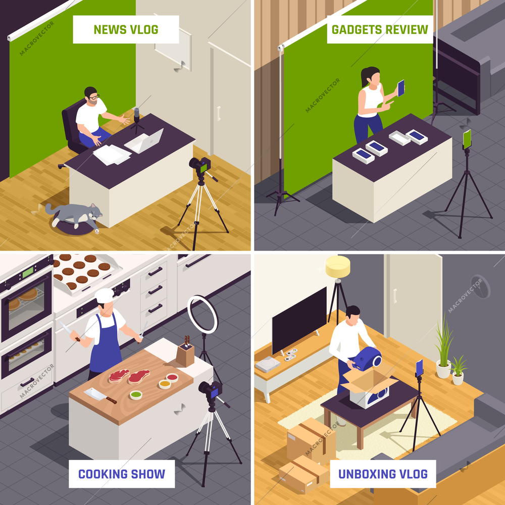 Popular video bloggers 4 isometric compositions with news vlog gadgets review cooking show purchase unboxing vector illustration