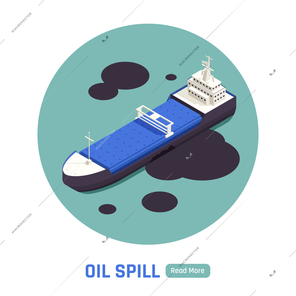 Tanker oil spill environmental damage online info isometric circular isolated composition white background website design vector illustration