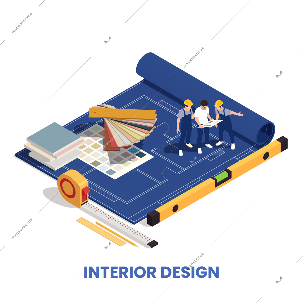 Interior designer consulting finishing project workers approving materials choice isometric composition on technical drawing roll vector illustration