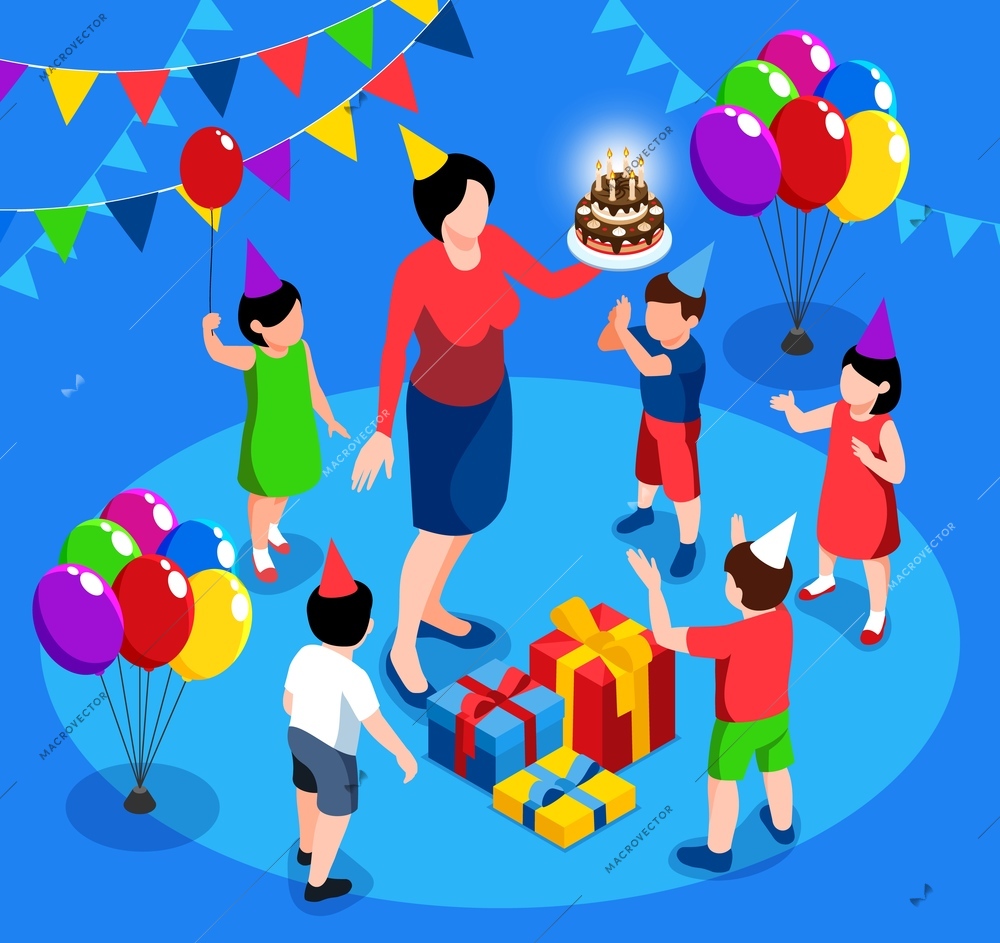 Birthday party for children with gift boxes balloons and woman holding cake with burning candles isometric vector illustration