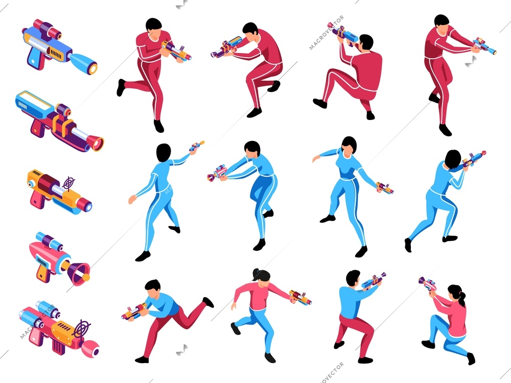 Set with isolated icons of laser guns and characters of adult players with kids wearing uniform vector illustration