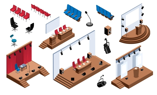 Isometric conference hall stage presentation tribune set with isolated icons of seats chairs and different stages vector illustration