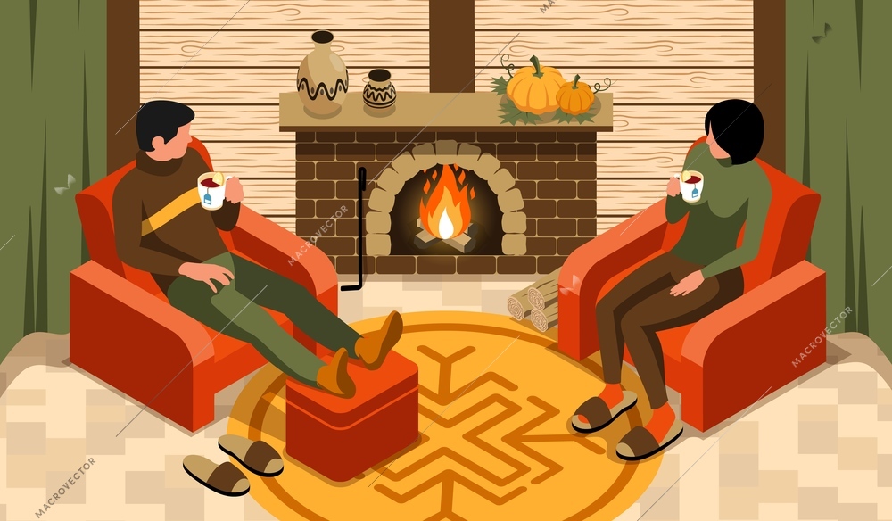 Isometric autumn fall horizontal composition with loving couple sitting in armchairs near fireplace drinking lemon tea vector illustration