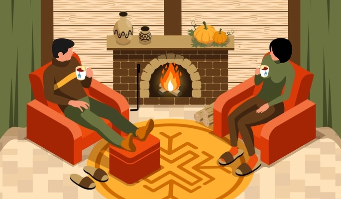 Isometric autumn fall horizontal composition with loving couple sitting in armchairs near fireplace drinking lemon tea vector illustration