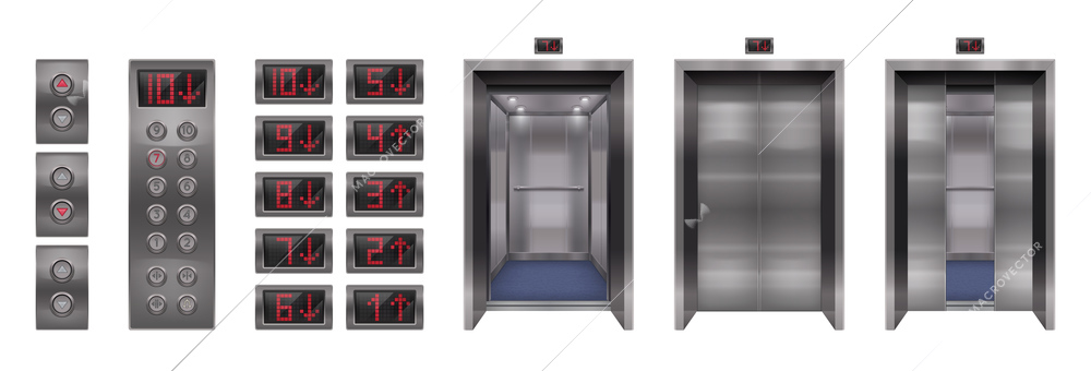 Elevator doors realistic set with isolated images of entrance buttons and digital screen with floor number vector illustration