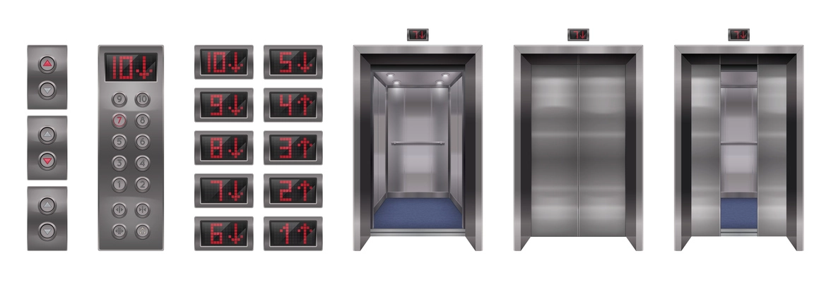 Elevator doors realistic set with isolated images of entrance buttons and digital screen with floor number vector illustration