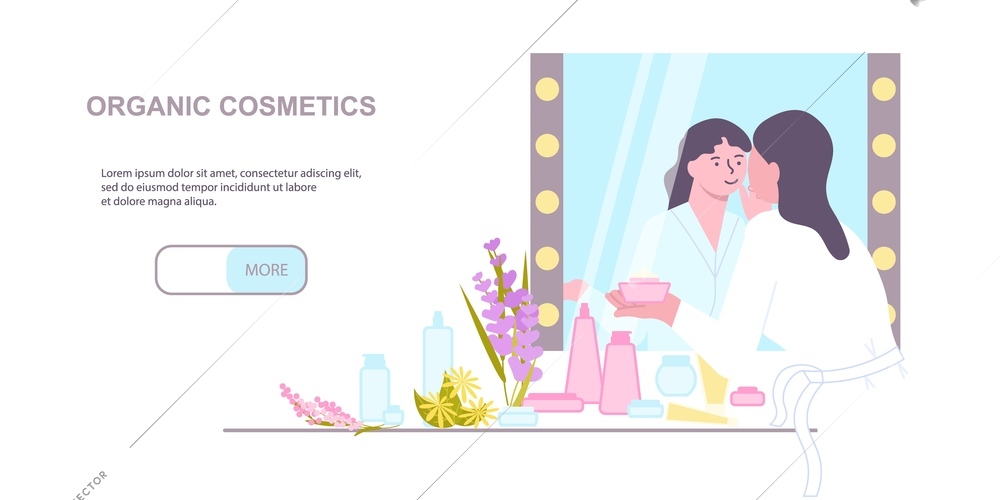 Horizontal cosmetic banner with flat icons doodle female character and editable text with slider more button vector illustration