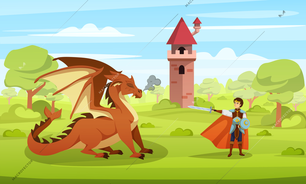 Colored and cartoon fairy tale characters composition with knight fighting the dragon vector illustration