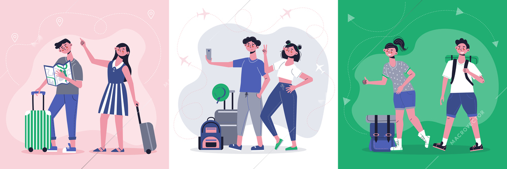 Vacation travel concept 3 background cartoon compositions with traveling couples hiking making selfie with luggage vector illustration