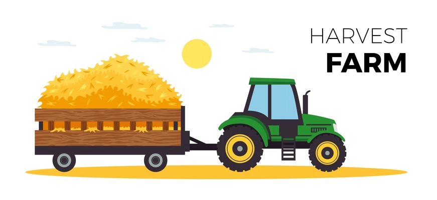 Bales hay horizontal banner with editable text and images of agrimitor truck with sun and clouds vector illustration