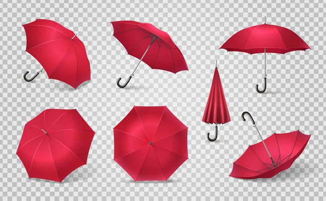 Red realistic umbrella icon set seven isolated umbrella canes on transparent background vector illustration