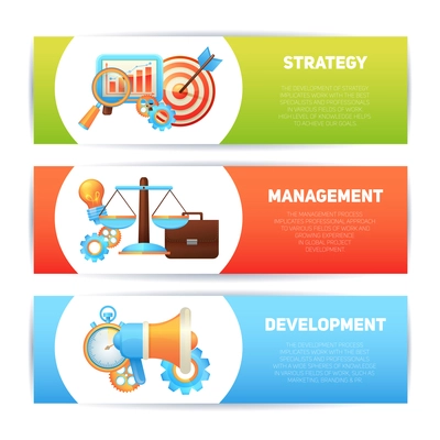 SEO design strategy management development concepts horizontal banner set isolated vector illustration