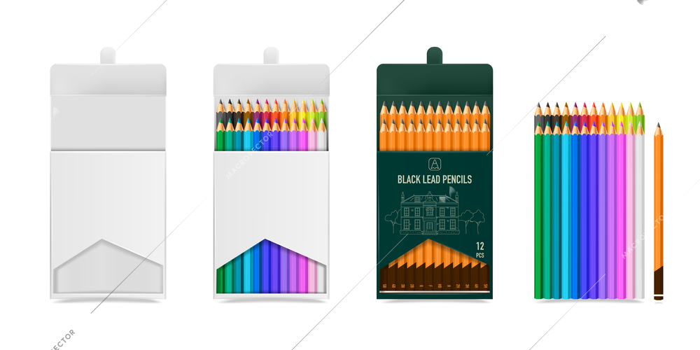 Various realistic packaging templates for black lead and multi colored pencils isolated on white background vector illustration