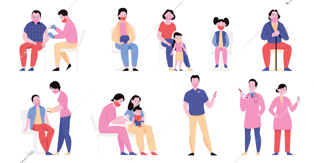 Vaccination set with flat human characters of doctors with syringes and patients in medical masks waiting and getting vaccinated isolated vector illustration