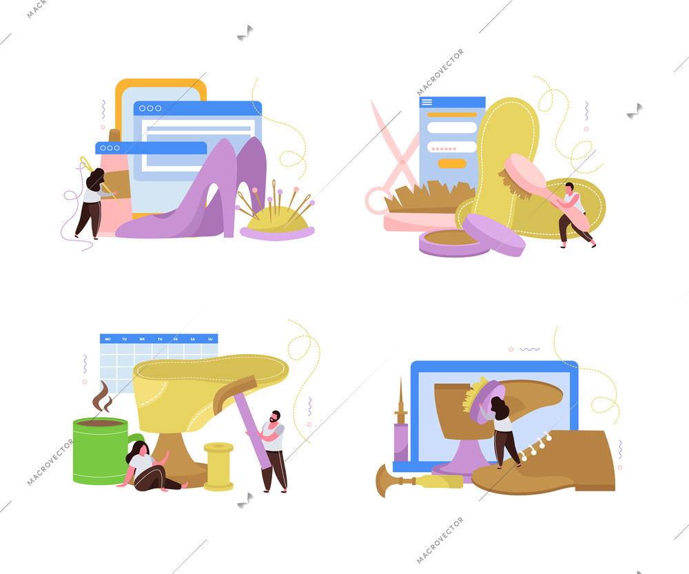 Flat compositions set with male and female shoemakers repairing and cleaning shoes isolated vector illustration