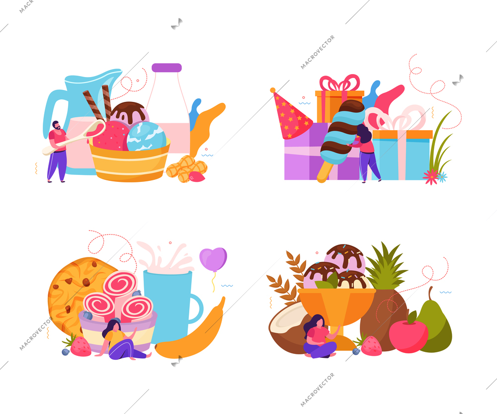 Set of four flat compositions with ice cream bar scoops fruit drinks gift boxes and other holiday treats isolated vector illustration