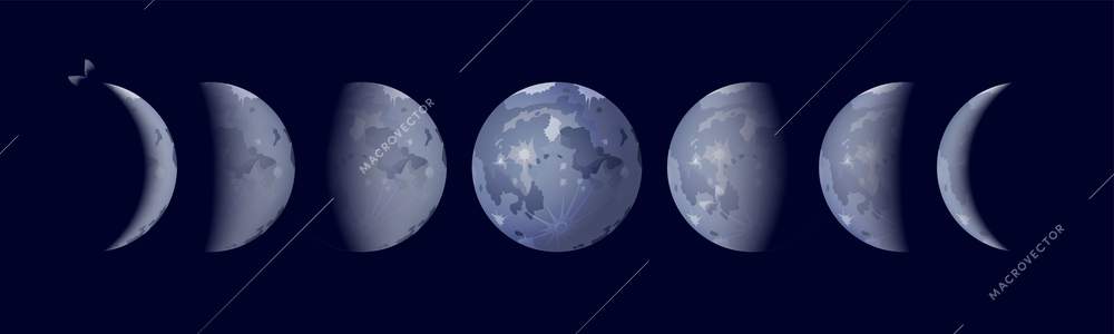 Moon phases realistic set with rising and full moon isolated vector illustration