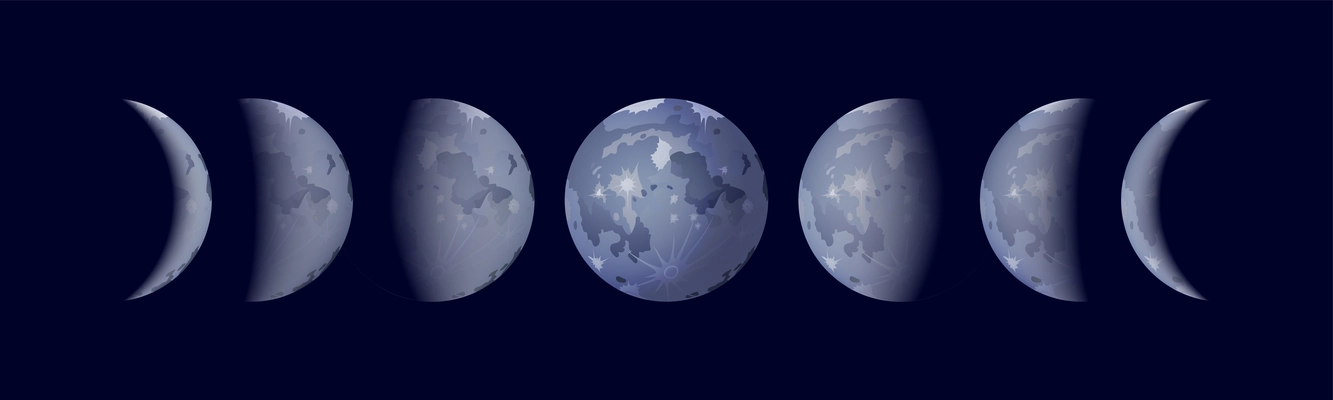 Moon phases realistic set with rising and full moon isolated vector illustration