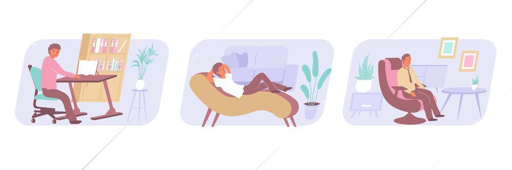 Three flat compositions with men sitting on ergonomic furniture at home or in office isolated vector illustration