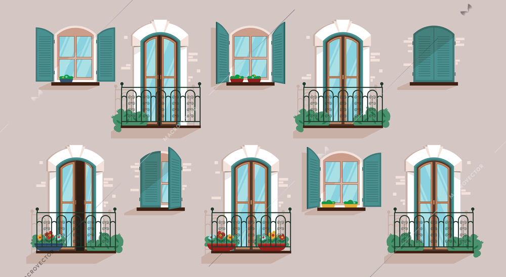 Glazed windows and balconies on the gray facade of the house flat vector illustration