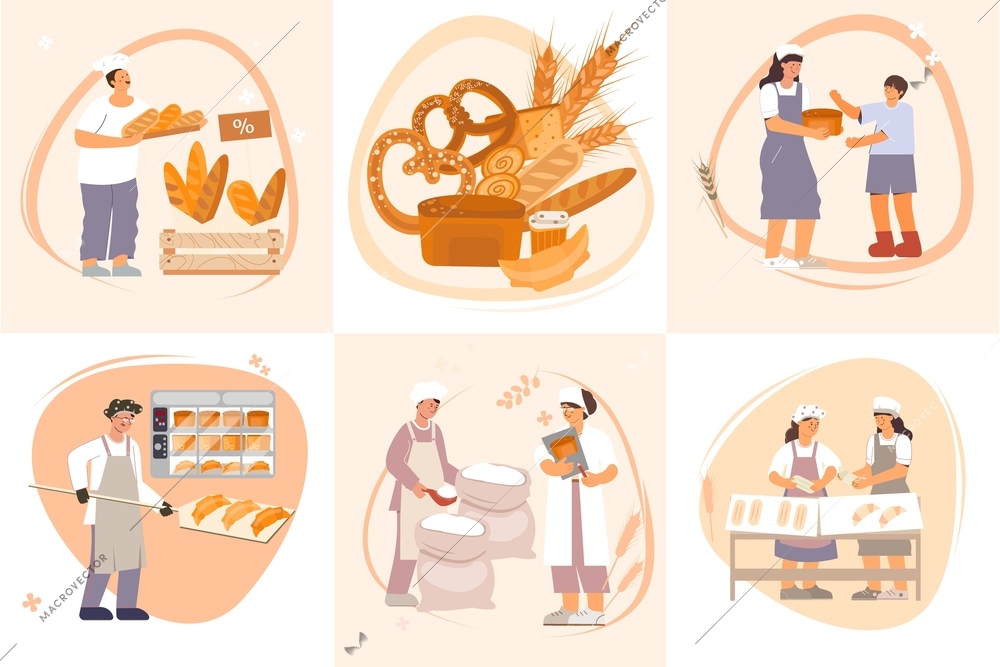 Baking bread at the bakery and happy customers composition set isolated flat vector illustration