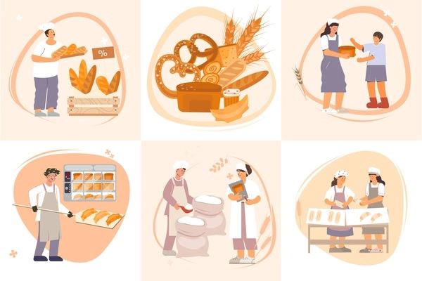 Baking bread at the bakery and happy customers composition set isolated flat vector illustration