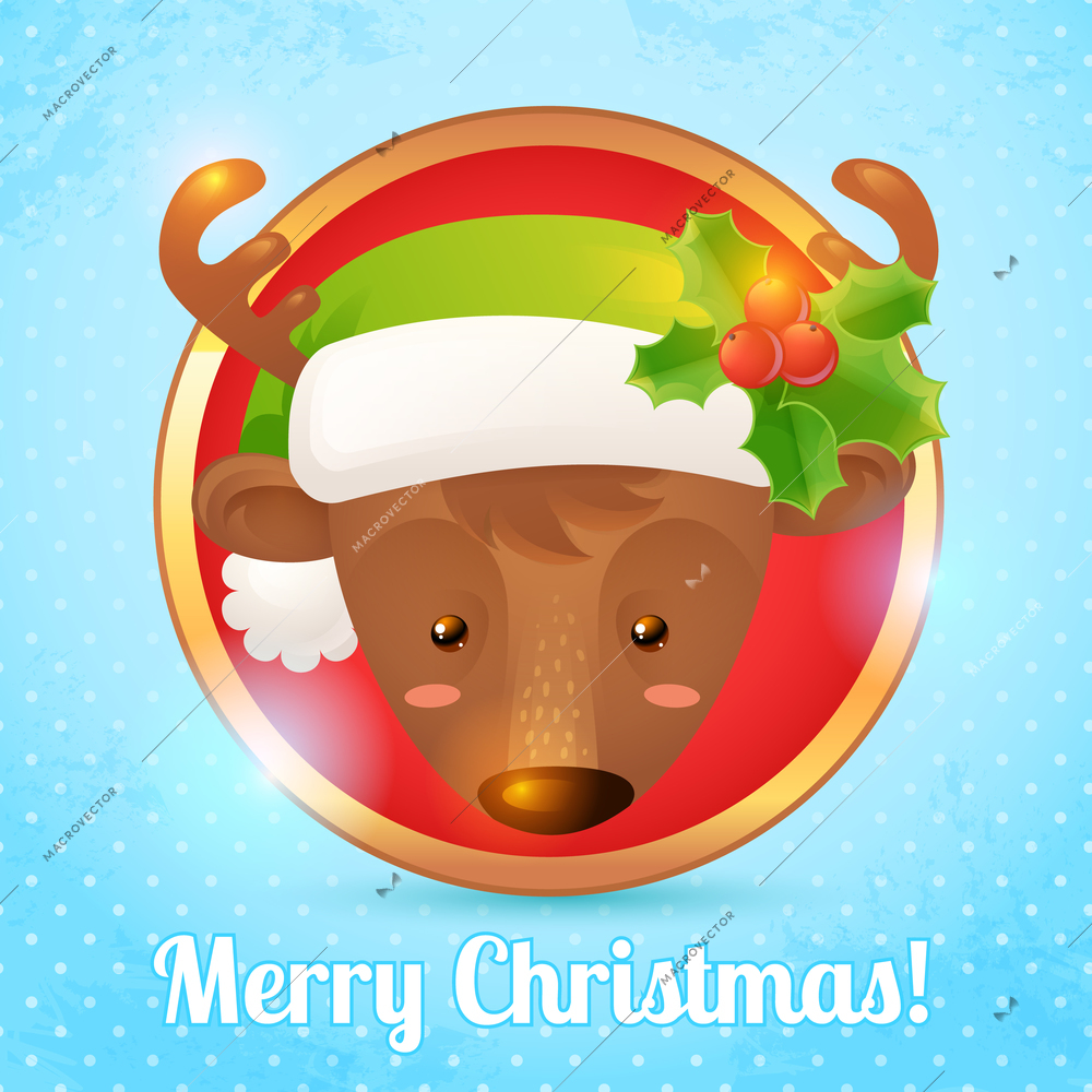 Merry christmas greeting card with deer head portrait vector illustration