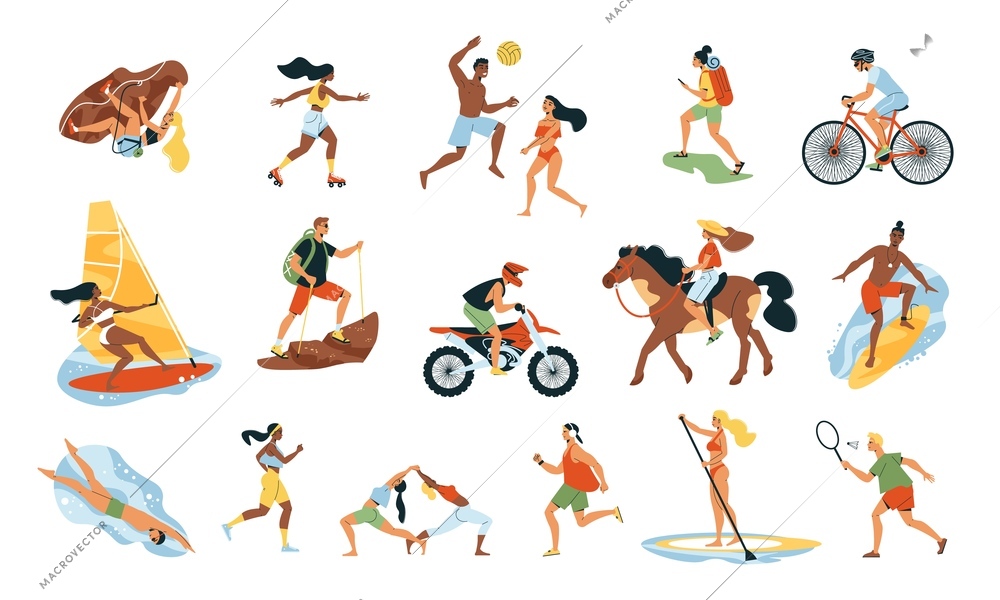 Summer sport set of surfing windsurfing hiking horseback riding volleyball badminton motocross biking isolated icons flat vector  illustration