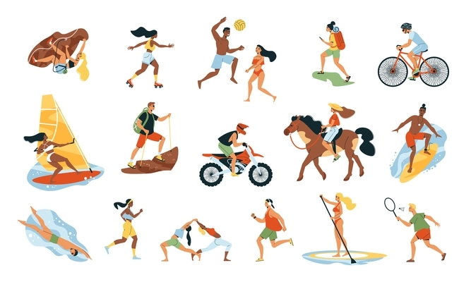 Summer sport set of surfing windsurfing hiking horseback riding volleyball badminton motocross biking isolated icons flat vector  illustration