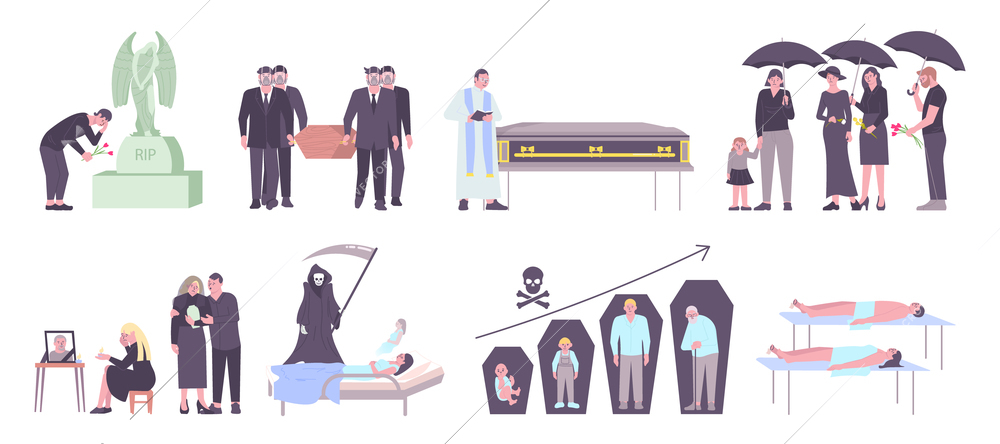 Flat icons set with funeral dead people in mortuary mourning relatives character of death isolated vector illustration