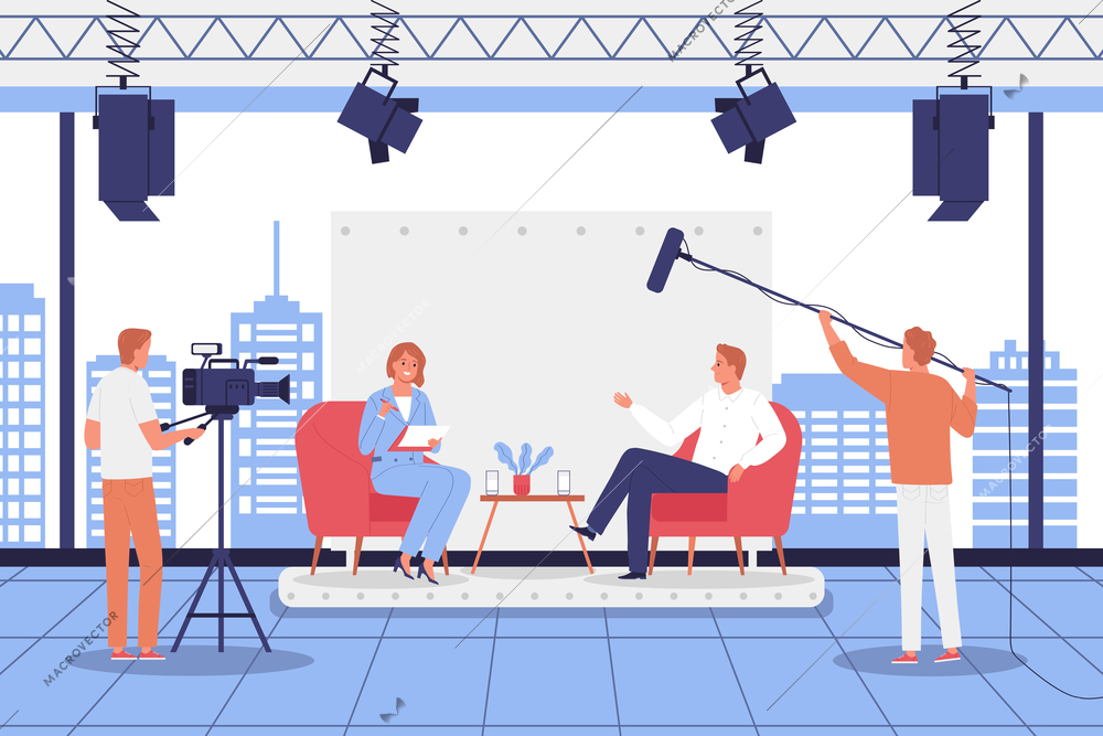 The film crew shoots interviews for the media in the studio flat vector illustration