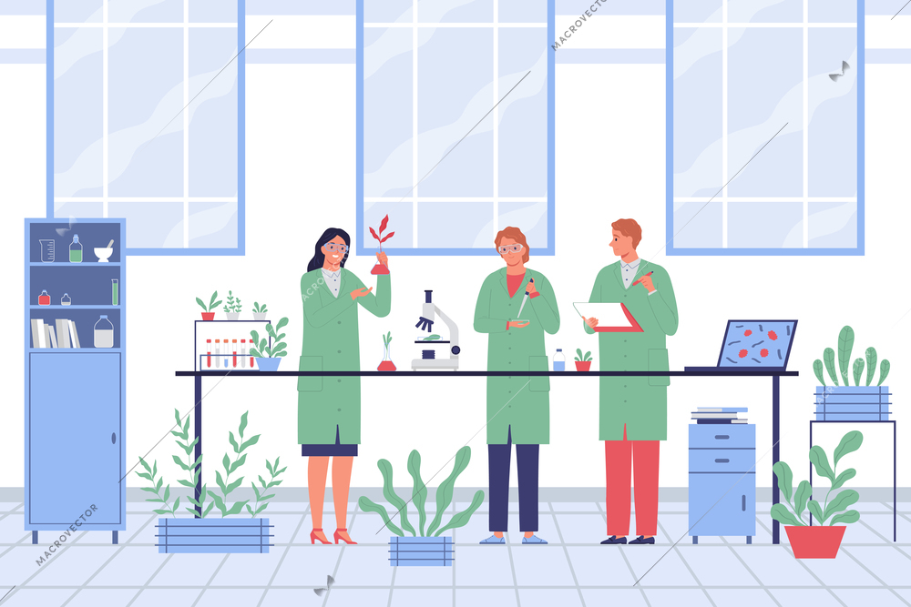 Scientists in the laboratory are conducting research in the field of microbiology flat vector illustration