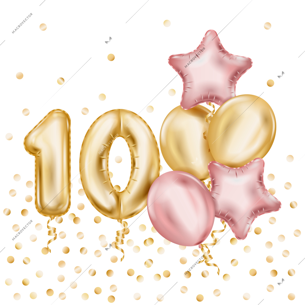 Anniversary balloons realistic composition with gold shiny numbers one and zero and additional star shaped balloons vector illustration