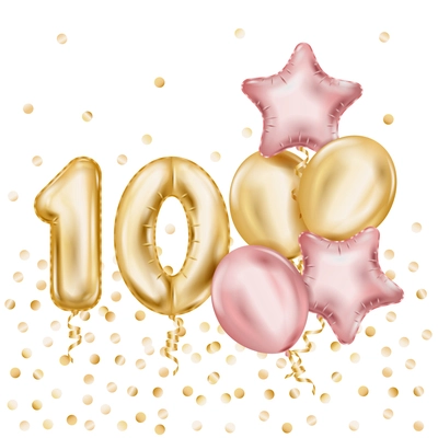 Anniversary balloons realistic composition with gold shiny numbers one and zero and additional star shaped balloons vector illustration