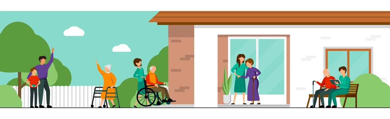 Nursing home colored flat characters composition with elderly men and women went for a walk near the building vector illustration