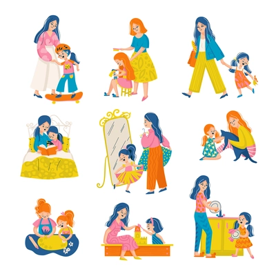 Mother and daughter set of isolated icons with characters of moms and little girls being together vector illustration