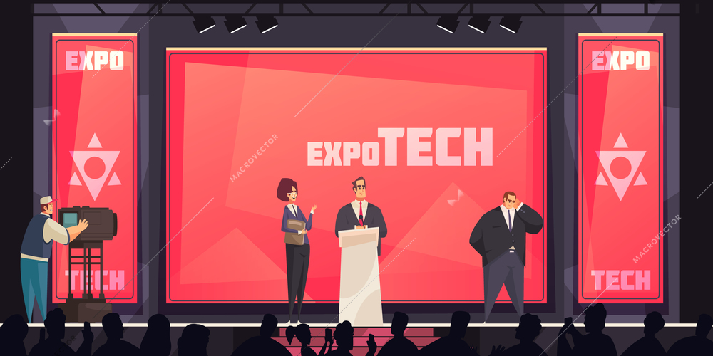 Conference hall background with expo tech presentation symbols flat vector illustration