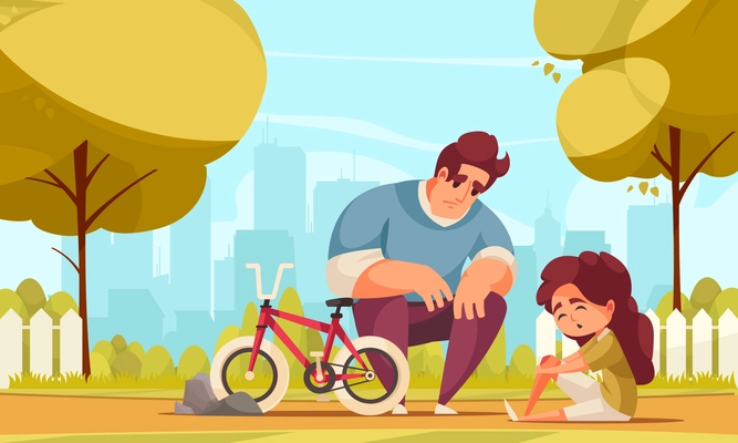 Cycle family background with learning to ride symbols flat vector illustration