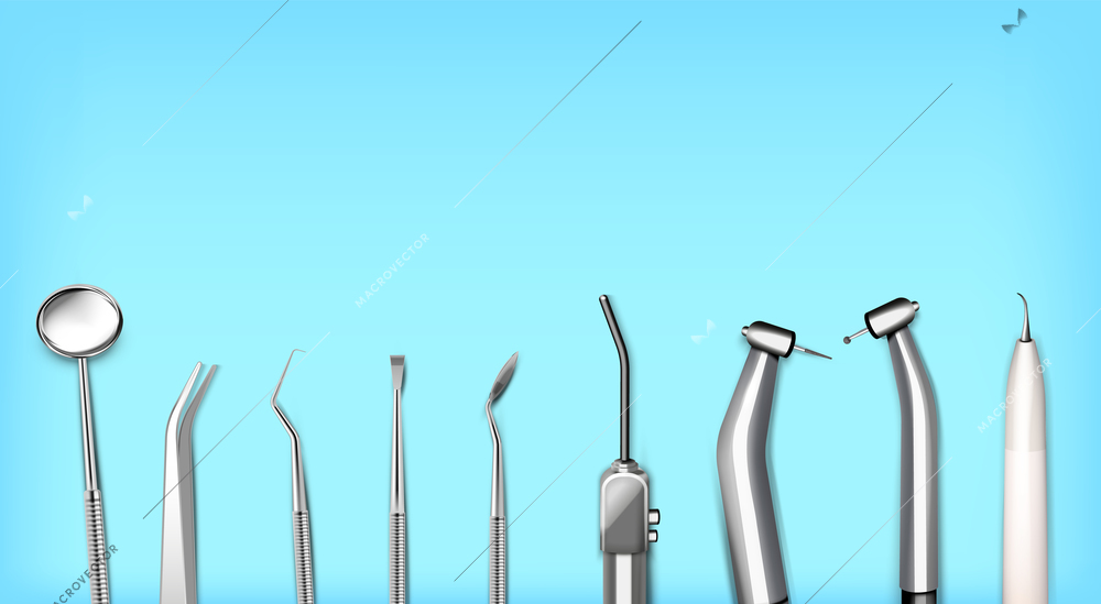 Stomatology dentist composition with realistic images of dental equipment with manual tools on light blue background vector illustration