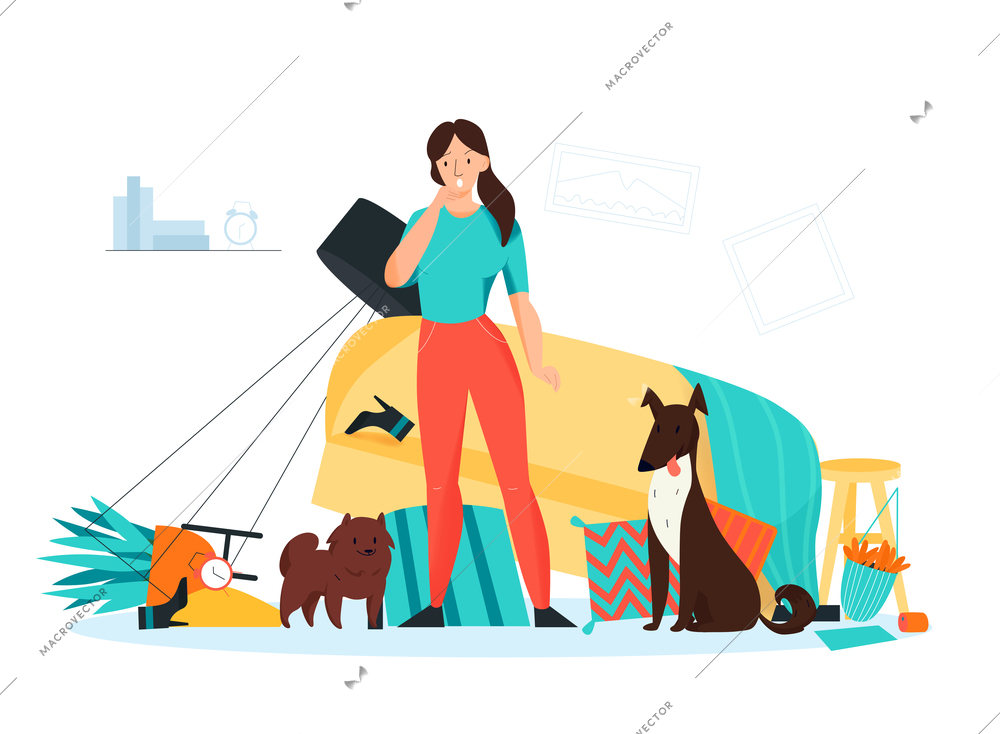 Frustrated dog owner looking at mess made by her naughty pets in living room flat vector illustration