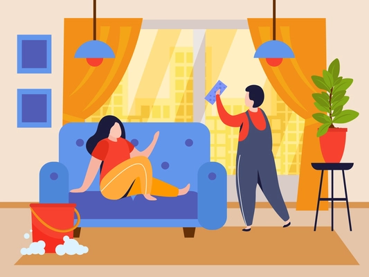 Windows cleaning flat composition with living room scenery and woman sitting on sofa with working man vector illustration