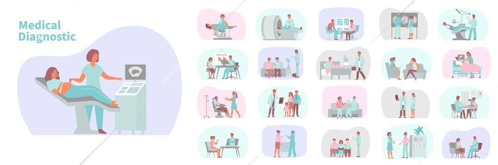 Medical diagnostic set of twenty compositions with flat characters of medical specialists and patients with text vector illustration