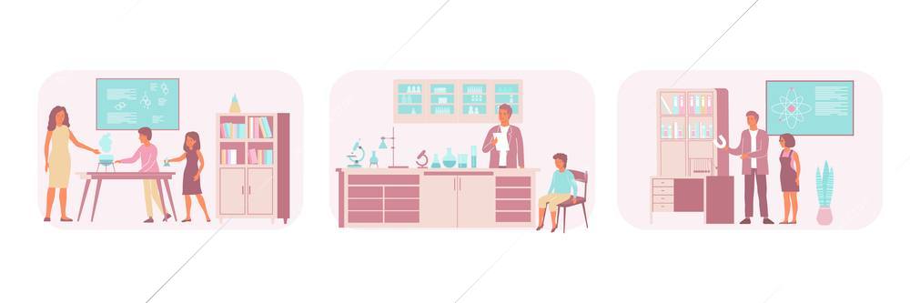 Set of three school compositions with views of classroom with teachers and pieces of laboratory equipment vector illustration