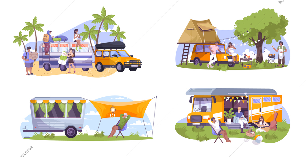 Flat composition set with motor home trailer and campers doing barbecue playing guitar resting outdoors isolated vector illustration