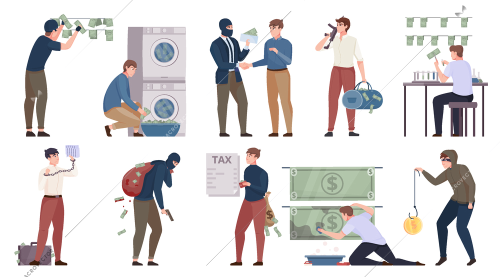 Illegal money laundering flat set showing bribery corruption and criminal activity in politics in business isolated vector illustration