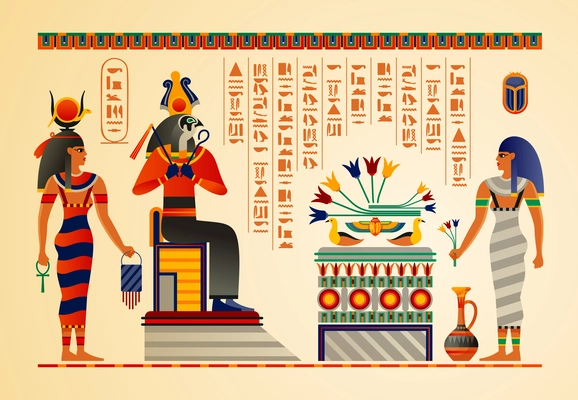 Egyptian culture mythology rituals ancient gods scenes symbols hieroglyphs temples vases tombs papyrus scroll fragment vector illustration