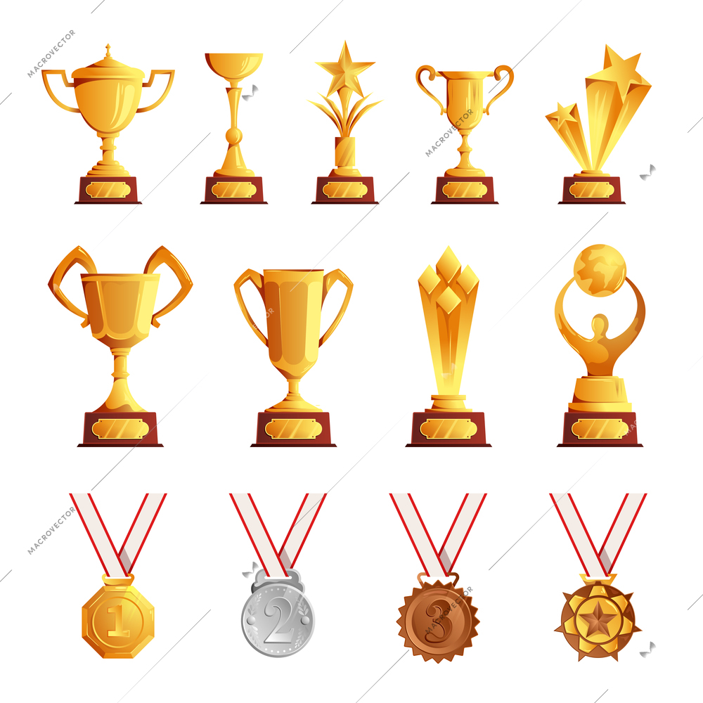 Competitions championships winner prizes trophies cups gold silver bronze medals awards realistic set white background vector composition