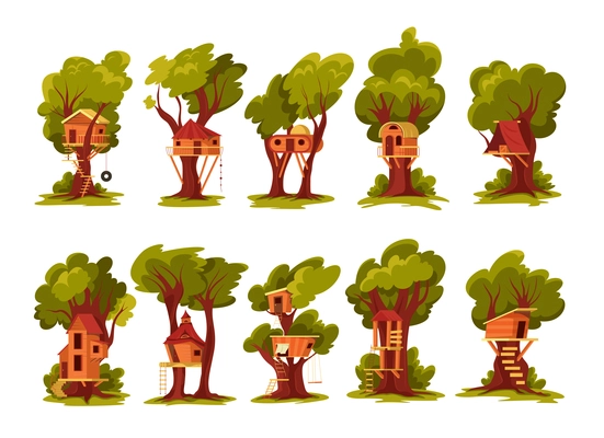 Set of isolated children tree wood houses with images of small buildings hanging on tree trunks vector illustration