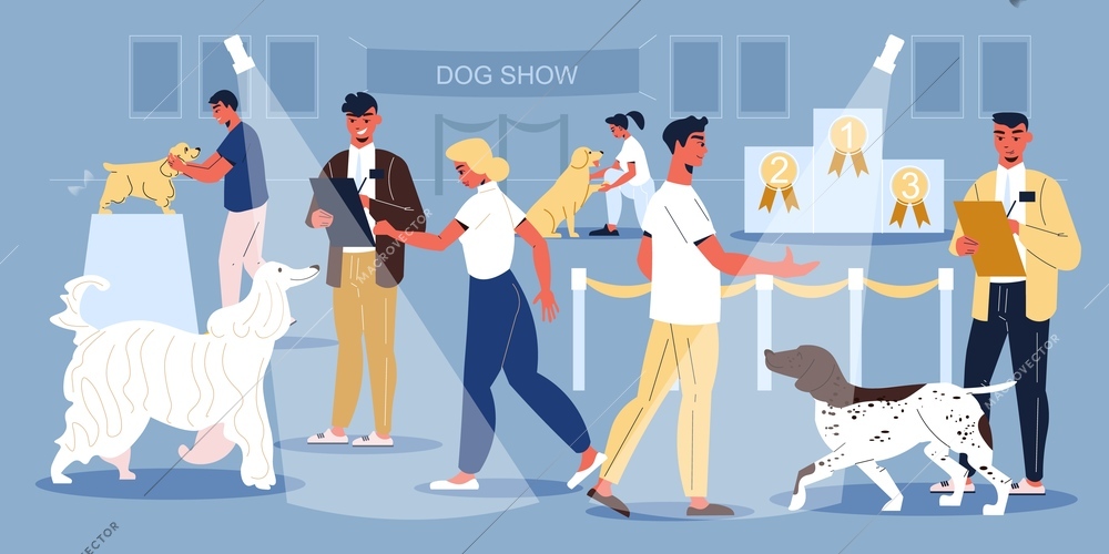 Dog show participants and their owners in room with spotlights and empty pedestal flat vector illustration