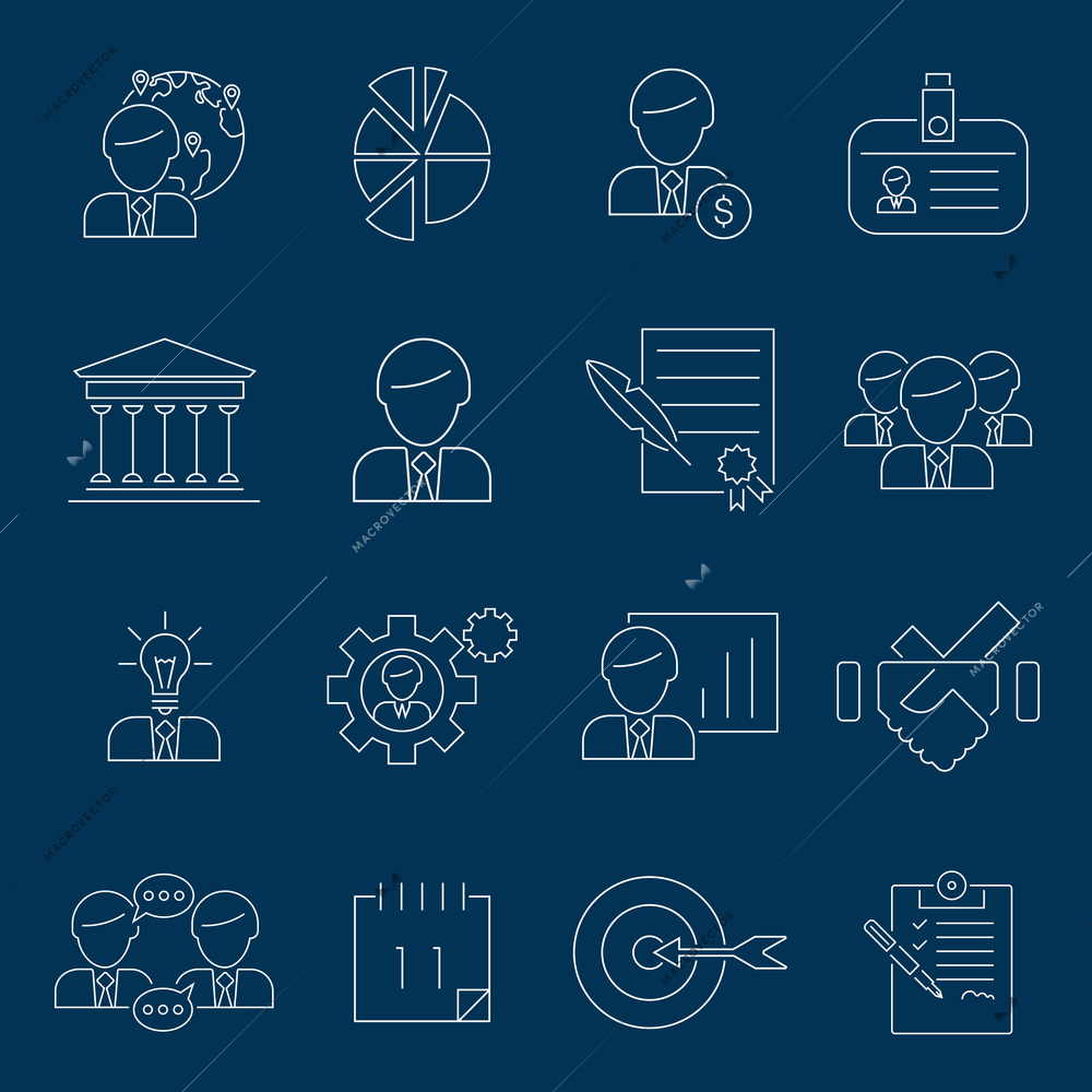 Business management icons outline set with global network chart investment id isolated vector illustration